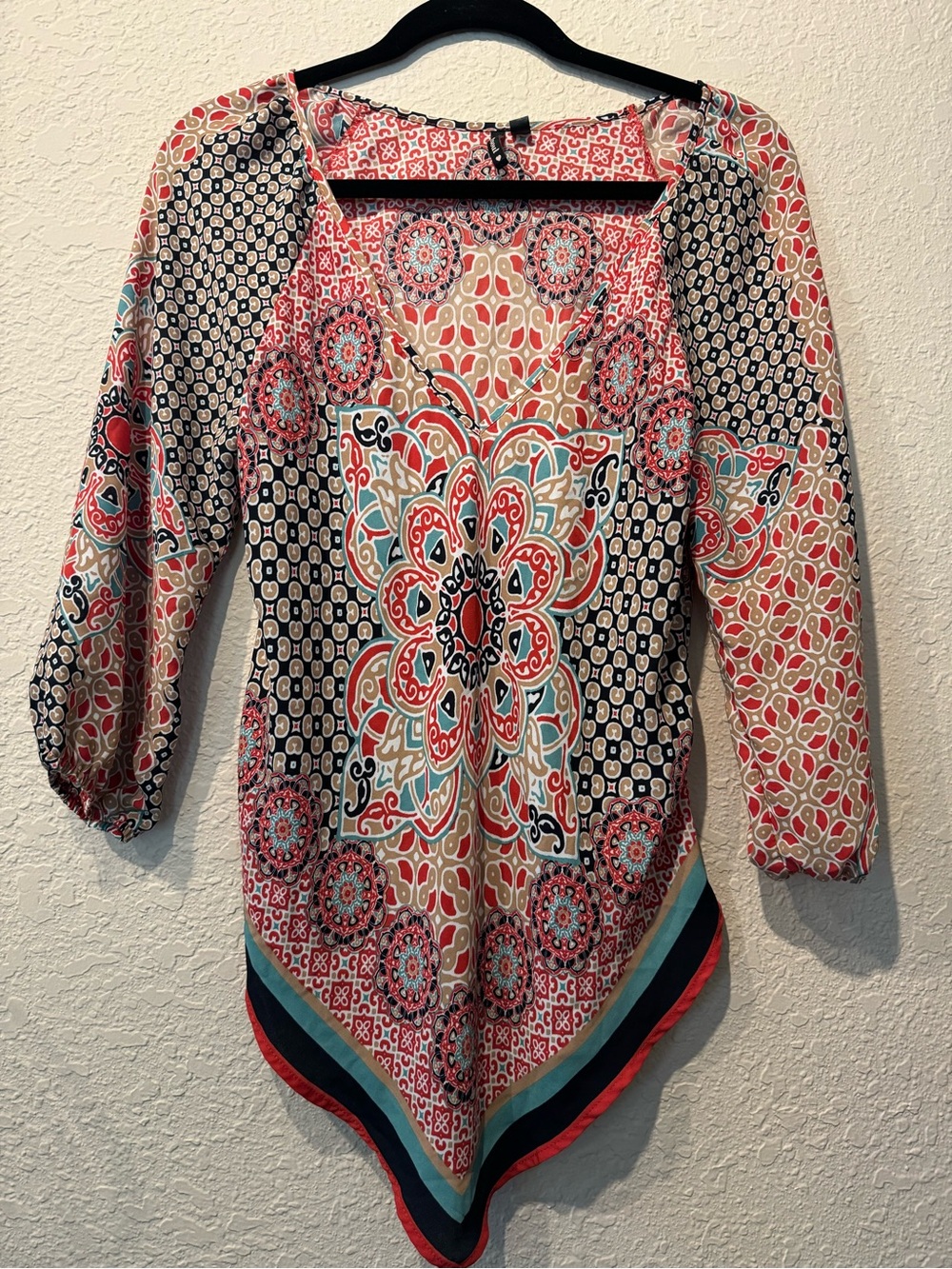 Heart Soul Coral Teal Black Medallion V-Neck Handkerchief Hem Blouse